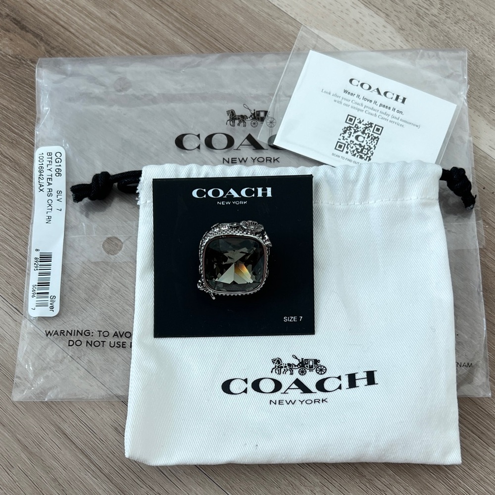 Coach Silver Ring with Black Gem